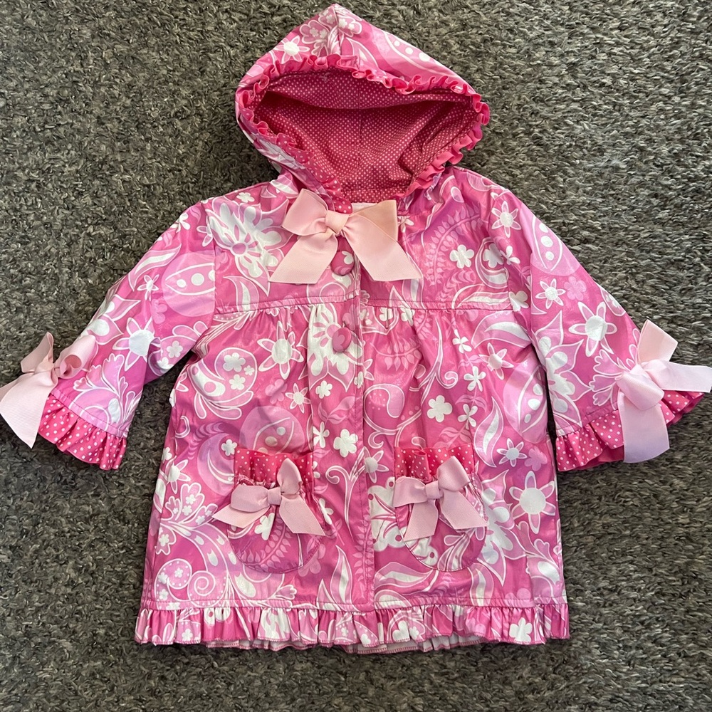 Mud pie baby Pink Floral Hooded Jacket with Bows raincoat 12-18 mos